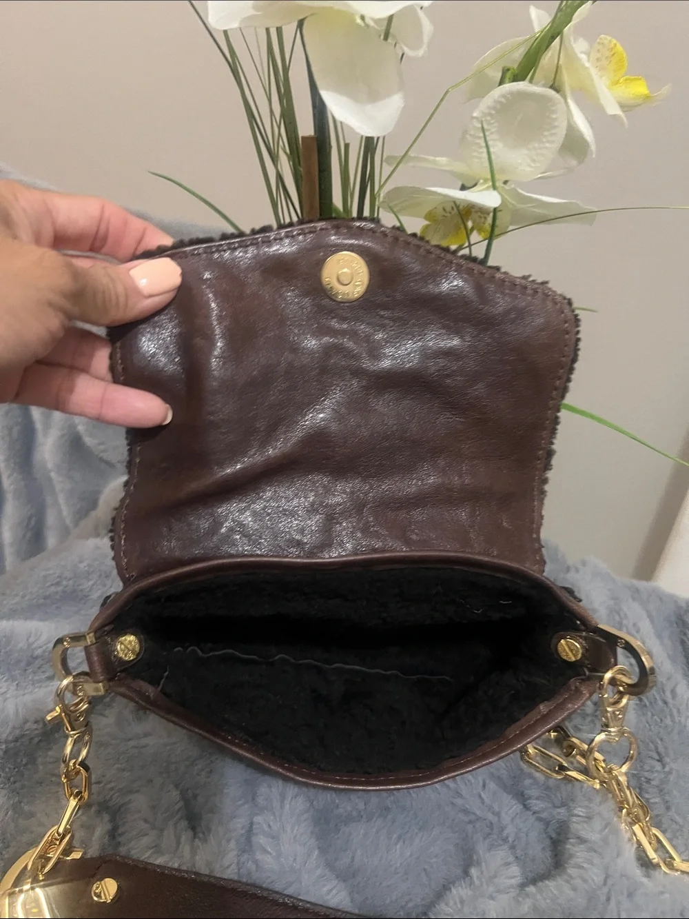 Tory Burch Dark Brown Suede and Shearing Mini Shoulder Bag with Gold Logo GUC